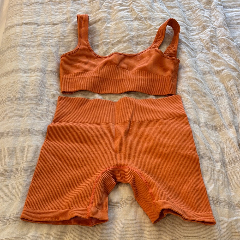 Women's Orange Ribbed Workout Set